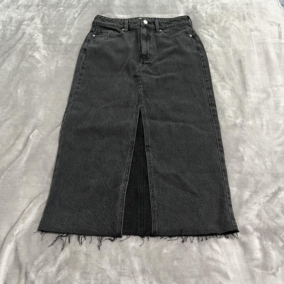 PacSun Denim - Pacsun Denim Skirt Womens 25 Black High Waist Frayed Hem Front Slit‎ Midi Jeans